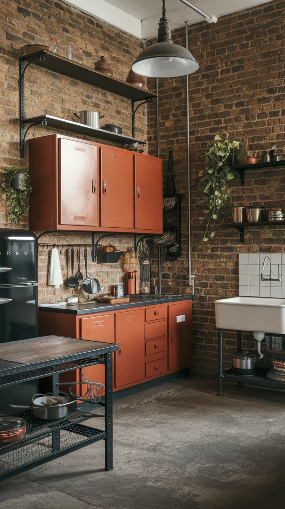 Industrial kitchen featuring rust orange cabinets and metal accents.