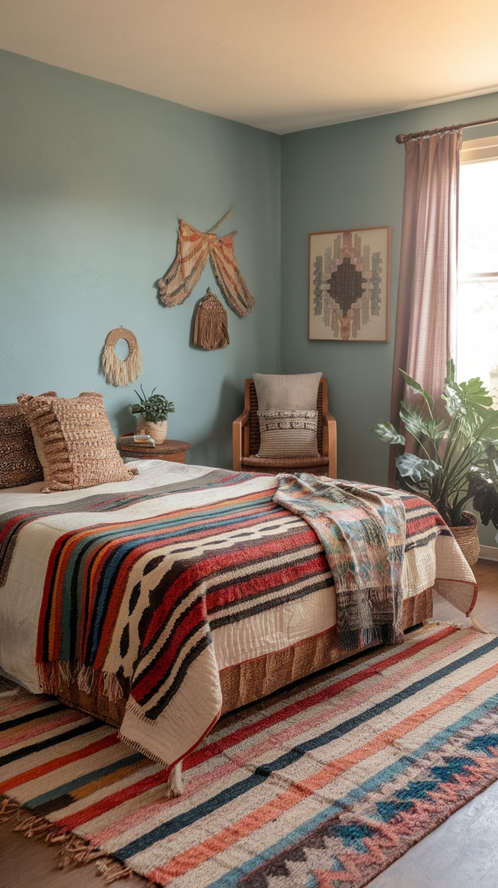 A cozy boho bedroom featuring layered textiles, colorful blankets, and plants.