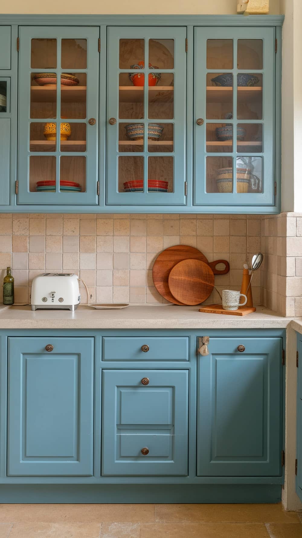 Dusty blue kitchen cabinets with glass fronts displaying colorful dishes.