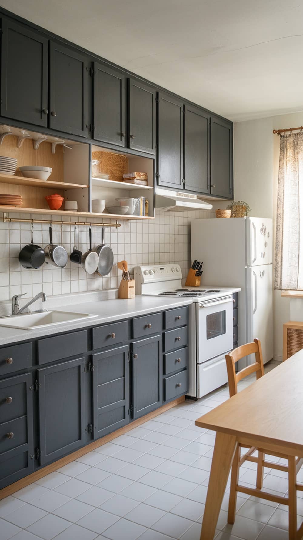 A kitchen featuring charcoal gray cabinets with light countertops and a bright atmosphere.