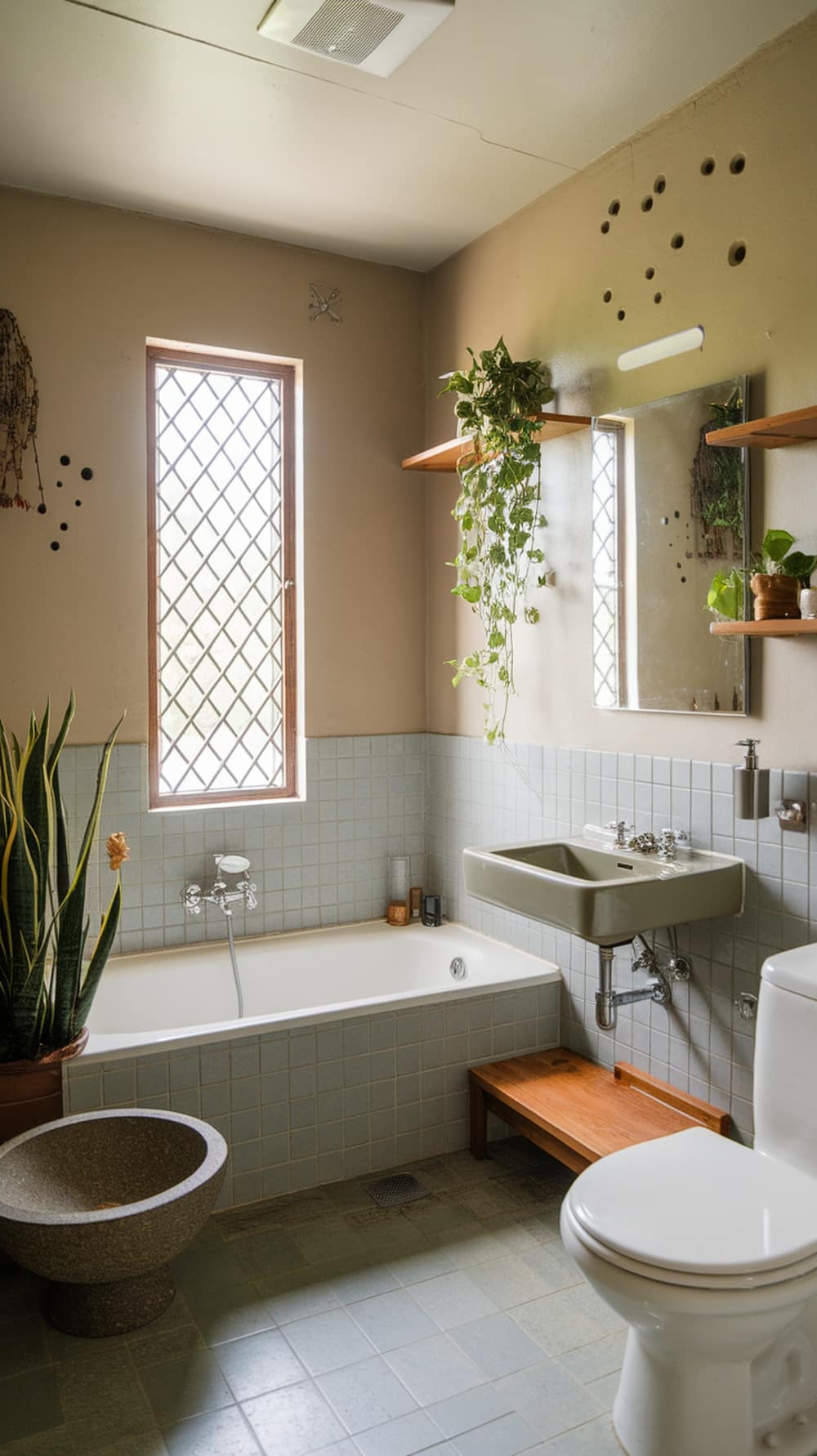 Mid-century modern bathroom featuring plants and natural materials