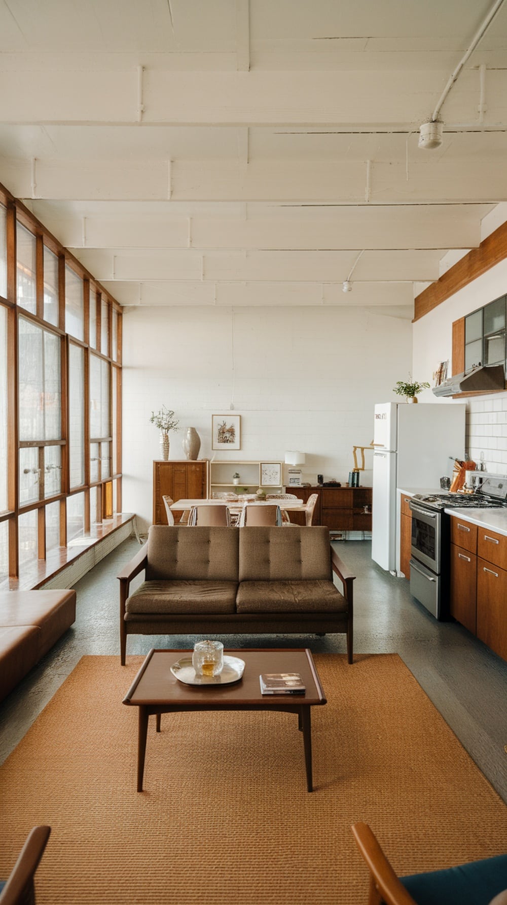 A mid-century modern apartment featuring an open floor plan with a living area, dining space, and kitchen.