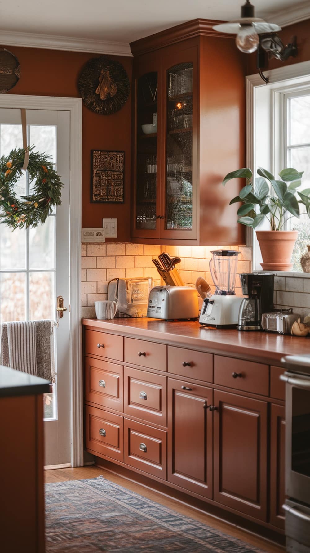 Cozy kitchen with caramel cabinets and warm decor