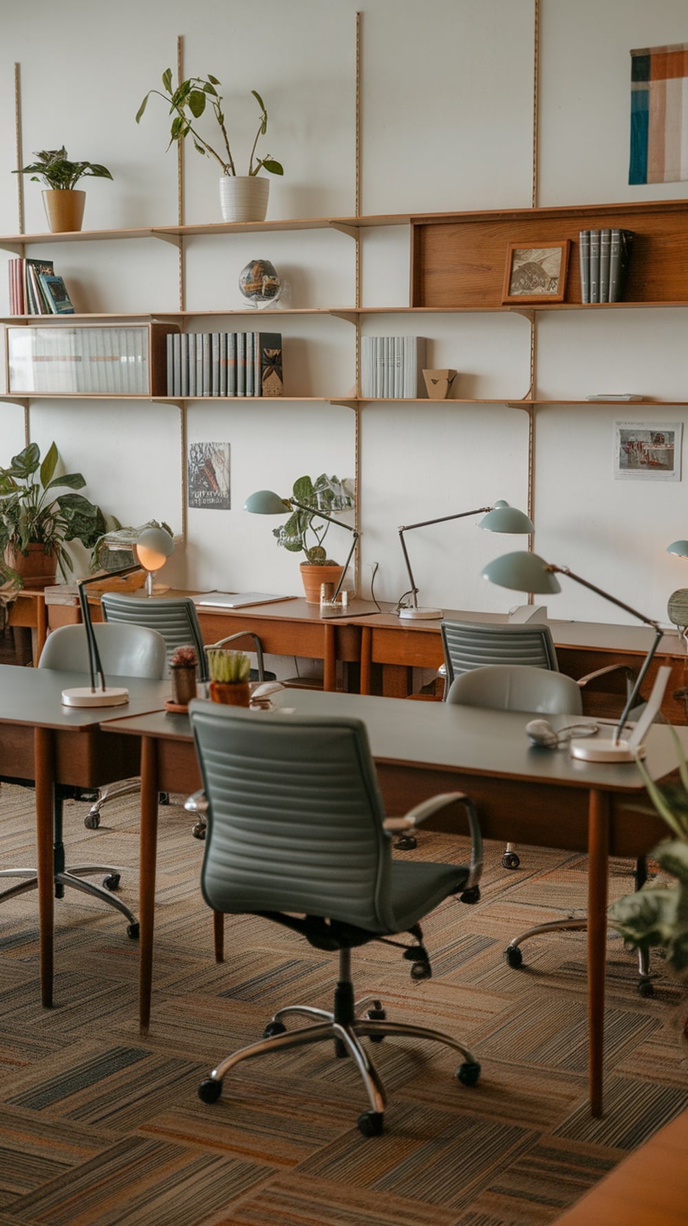 Mid-century modern office with wooden shelves, plants, and stylish desks