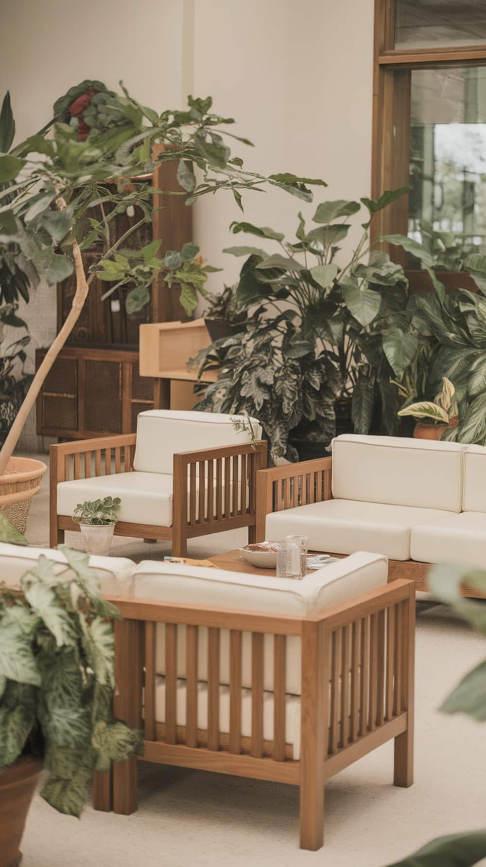 A serene cream living room with wooden furniture and lush green plants.