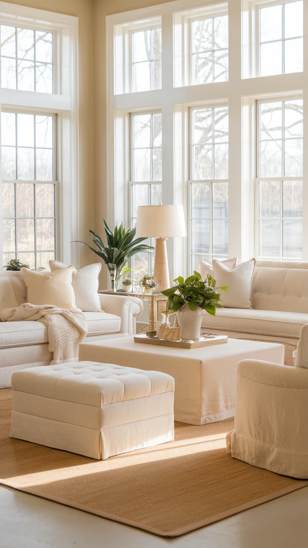 A serene cream living room with large windows, soft furniture, and greenery.