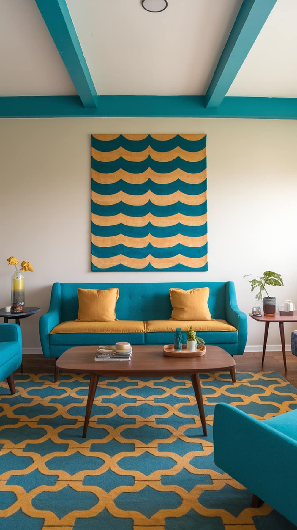 A mid-century modern living room featuring teal furniture and mustard yellow accents, with a geometric rug and decorative plants.