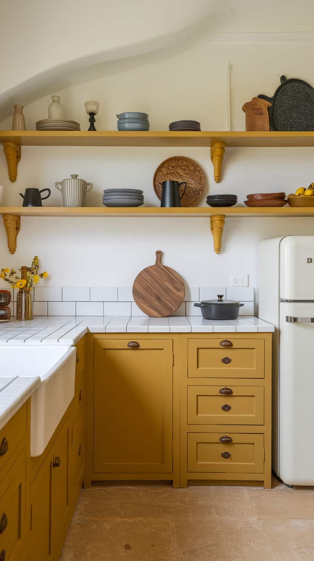 A kitchen featuring mustard yellow cabinets and open shelving with various dishes and decor.