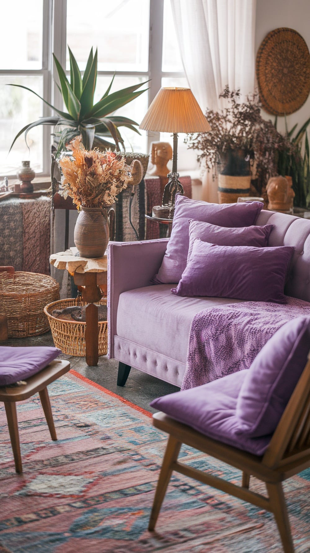 A cozy vintage living room featuring a lavender sofa, wooden furniture, plants, and a colorful rug.