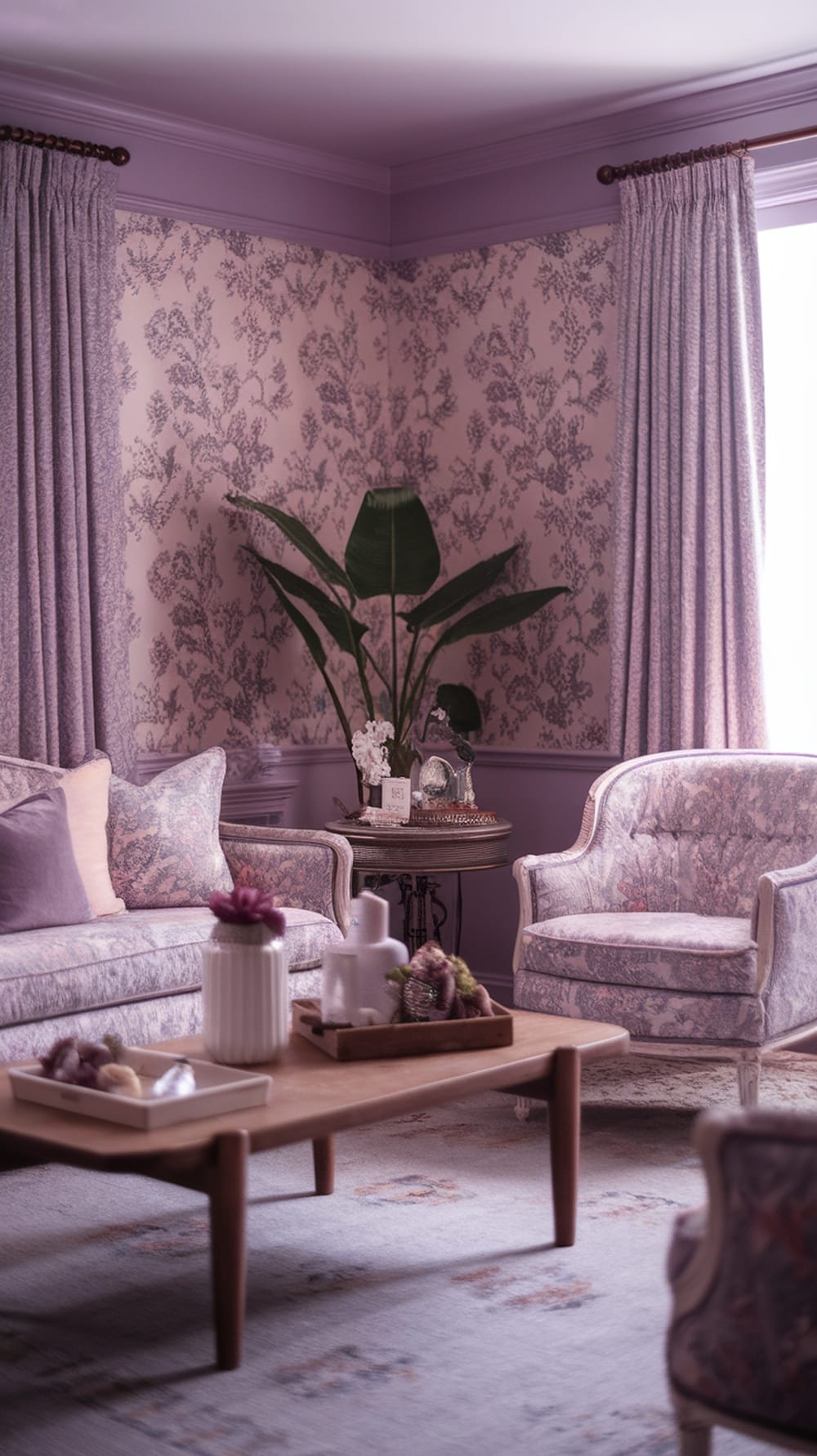 A vintage lavender living room with floral patterned furniture, soft curtains, and a large plant.