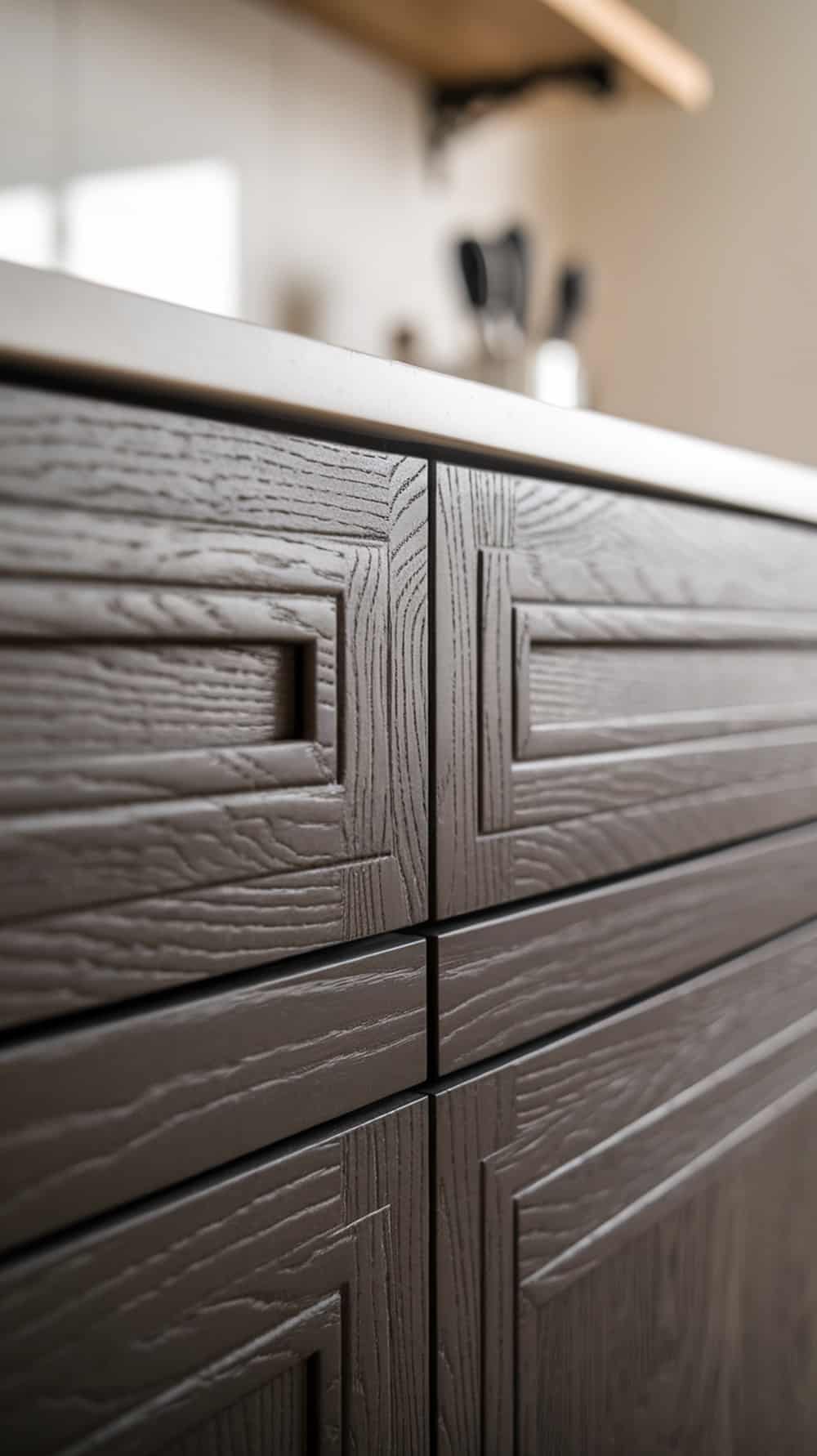 Close-up of textured charcoal gray kitchen cabinet doors