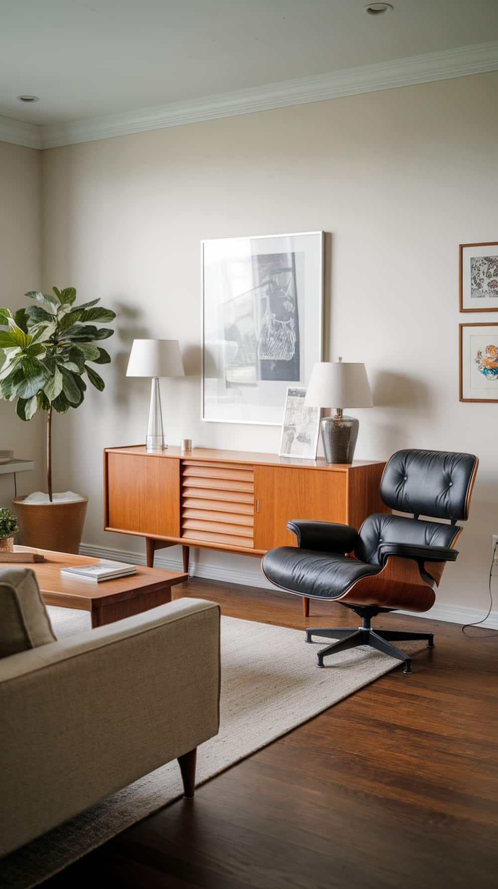 A mid-century modern living room featuring an Eames lounge chair, wooden sideboard, table lamps, and a potted plant.