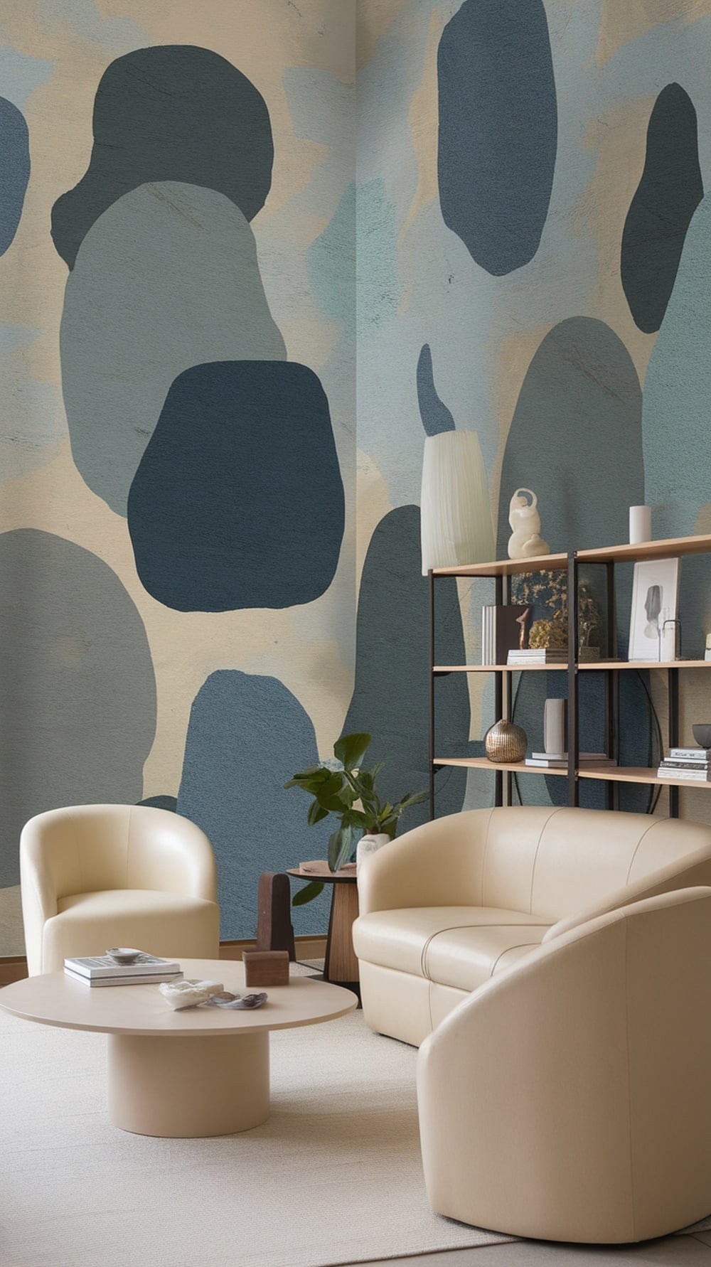 A serene cream living room with artistic wall treatments featuring abstract shapes in muted tones.