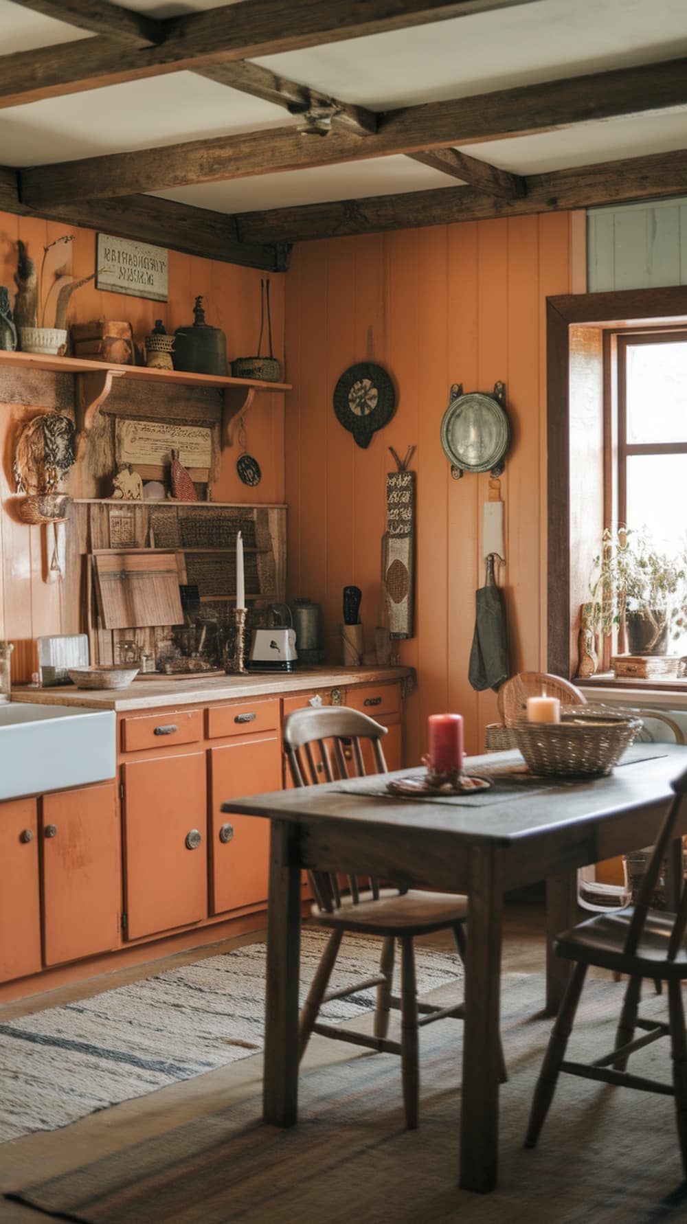 A rustic kitchen featuring bold rust orange cabinets and wooden accents.