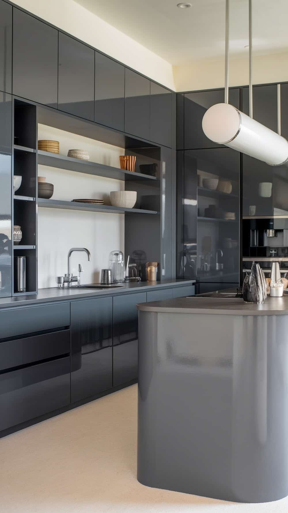 A modern kitchen featuring sleek charcoal gray cabinets and minimalist design.