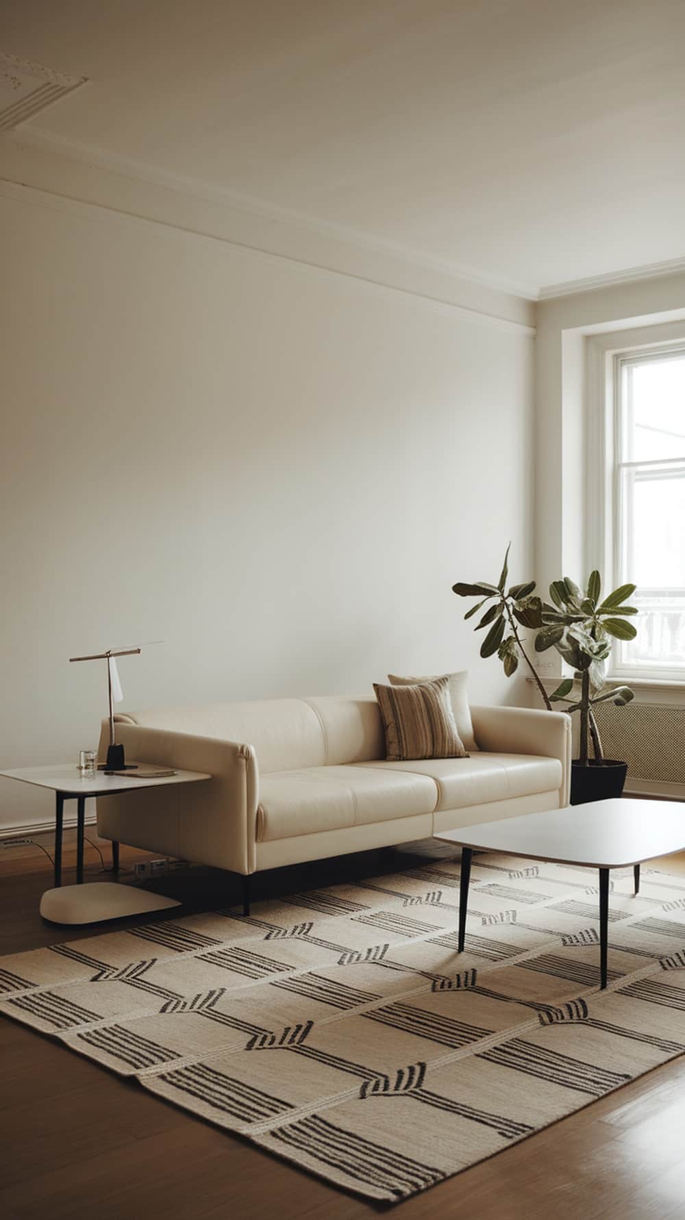 A minimalist cream living room featuring a sleek sofa, a patterned rug, and a potted plant.