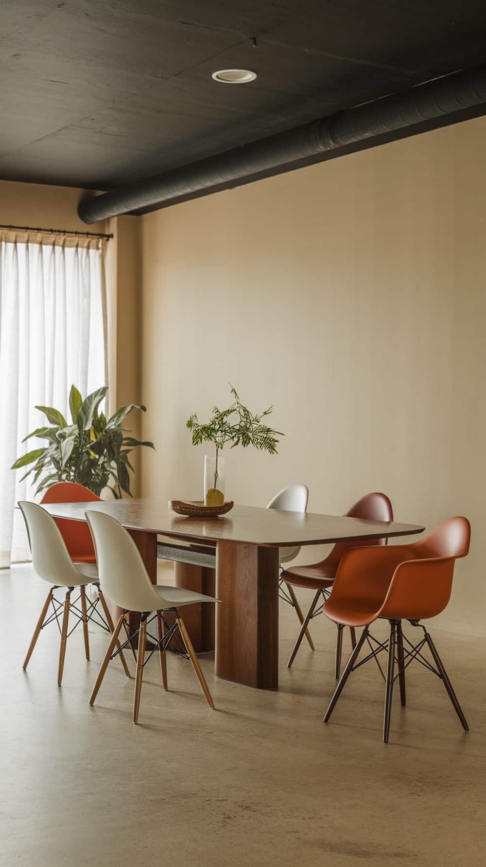 Mid-century modern dining room featuring a wooden table and colorful chairs