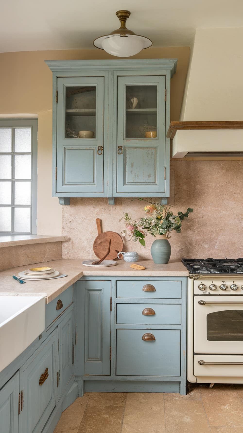 A cozy kitchen featuring dusty blue cabinets with vintage accents.