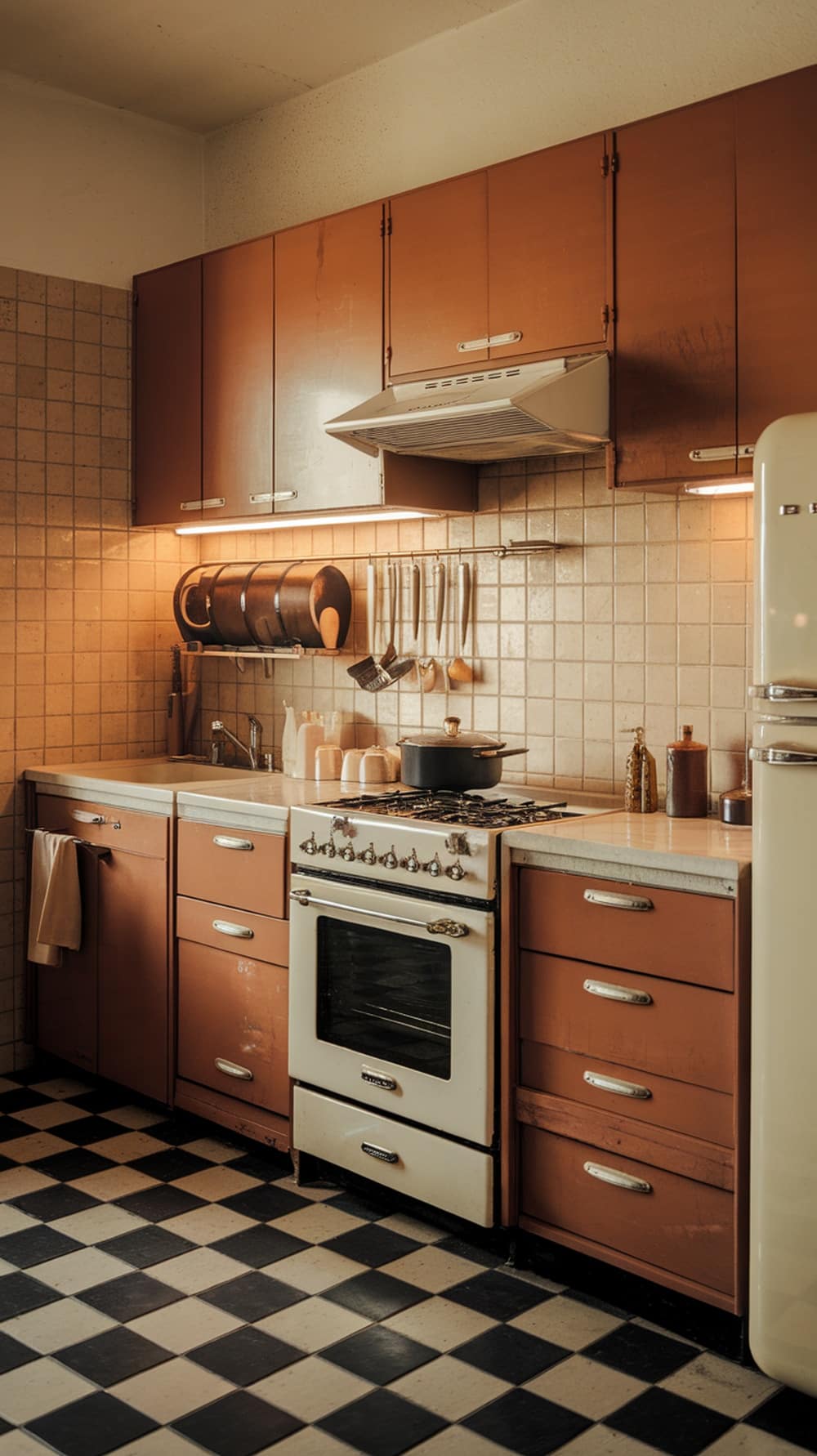 A vintage kitchen featuring rust orange cabinets and black and white checkered flooring.