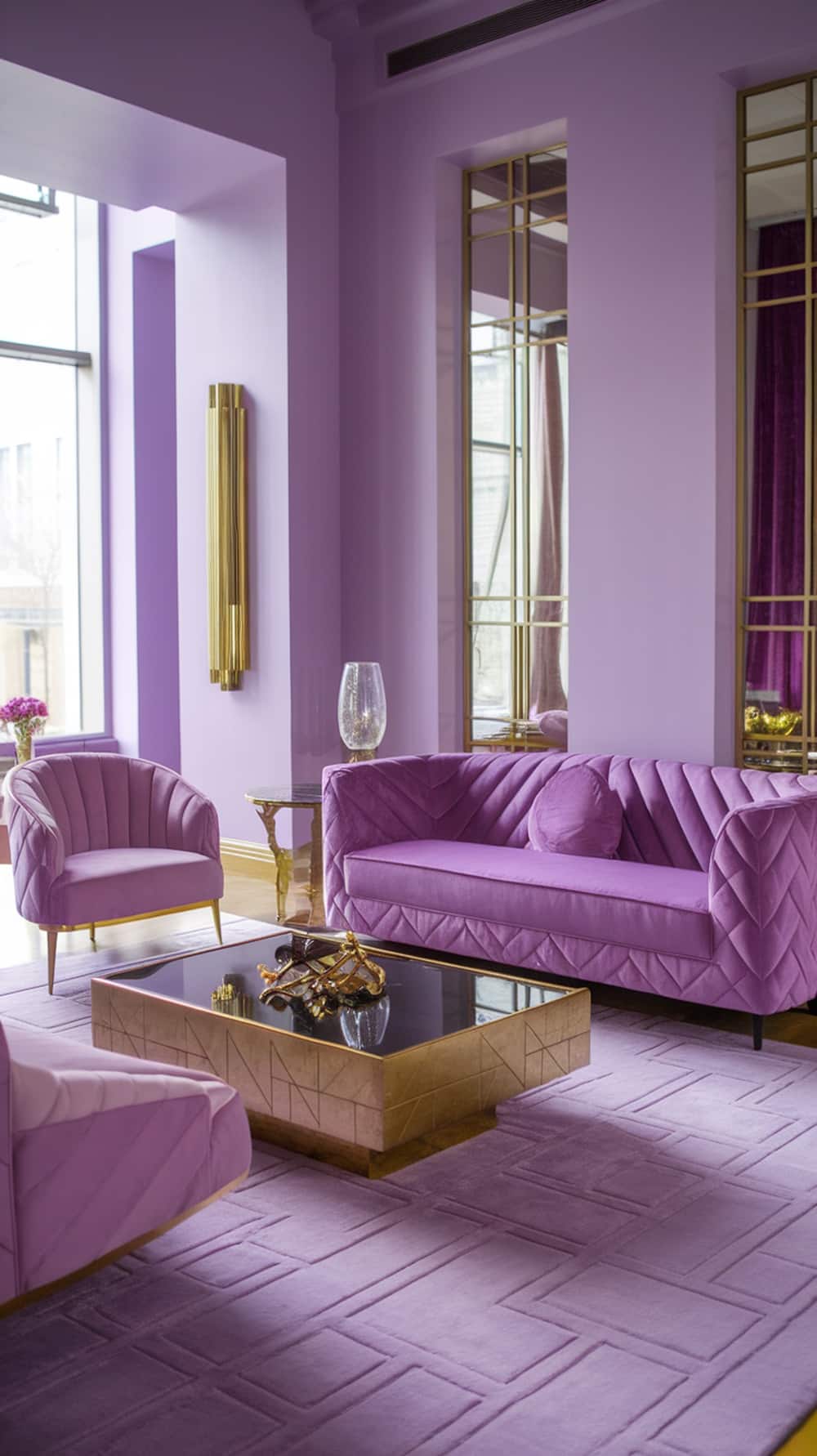 A luxurious lavender living room featuring quilted sofas, a gold coffee table, and mirrored accents.