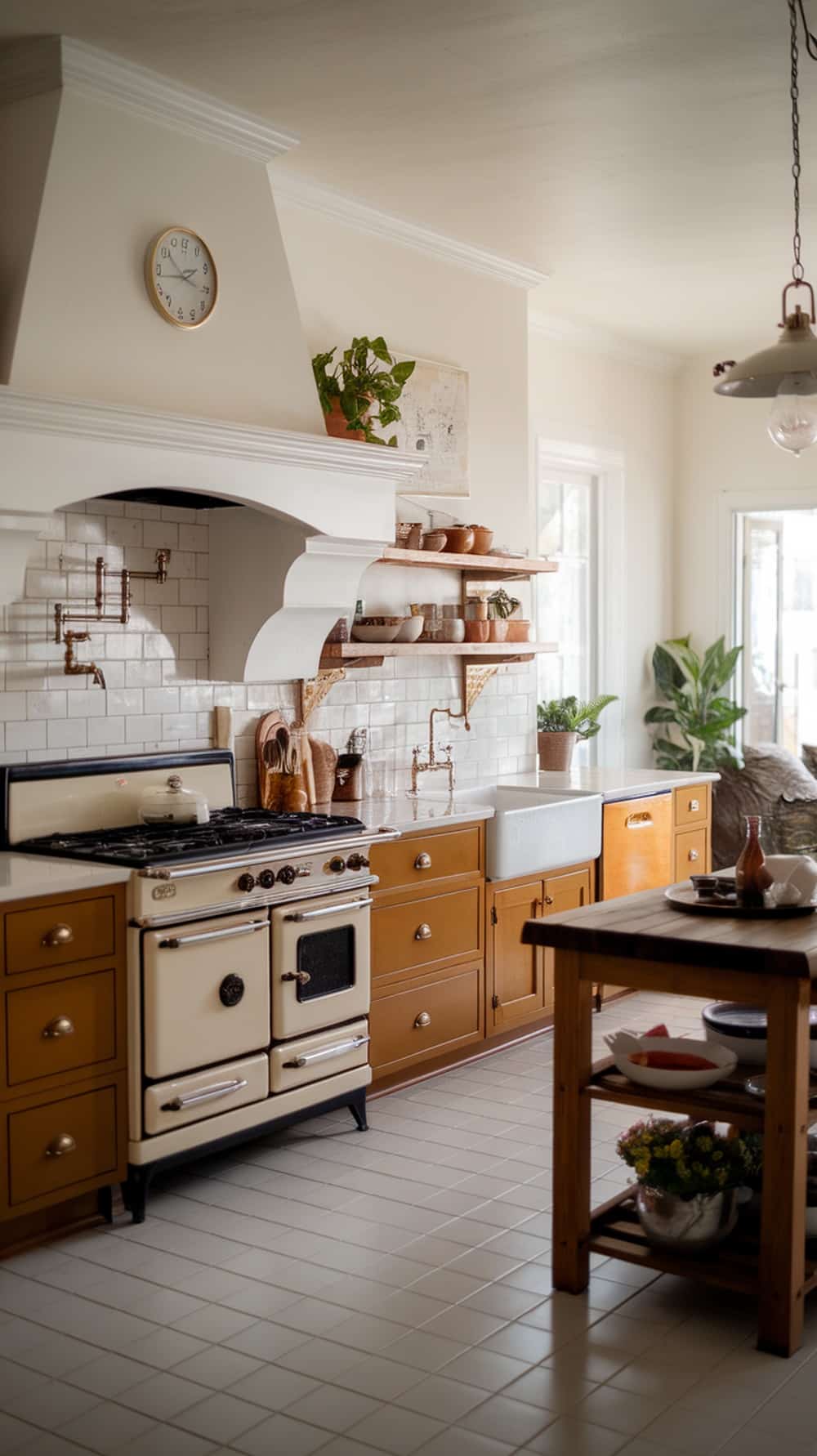 A cozy kitchen featuring caramel cabinets and white accents.