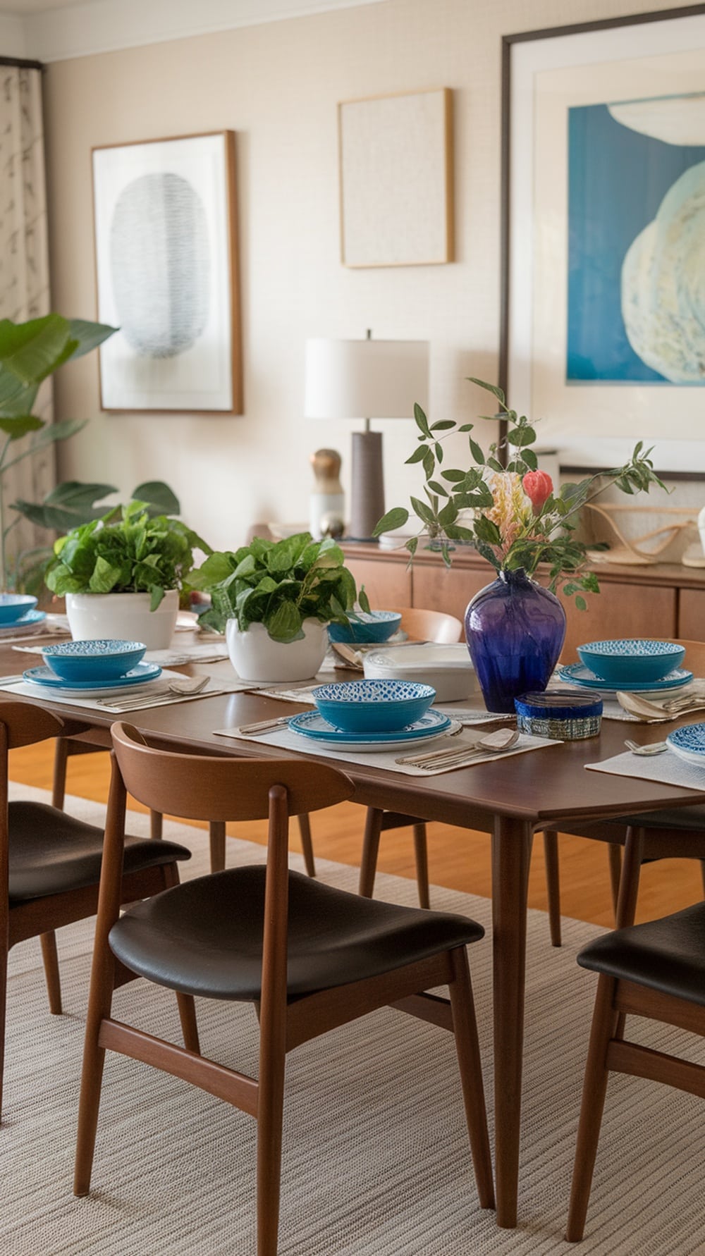 Mid-century modern dining room with a wooden table set with blue plates and potted plants.