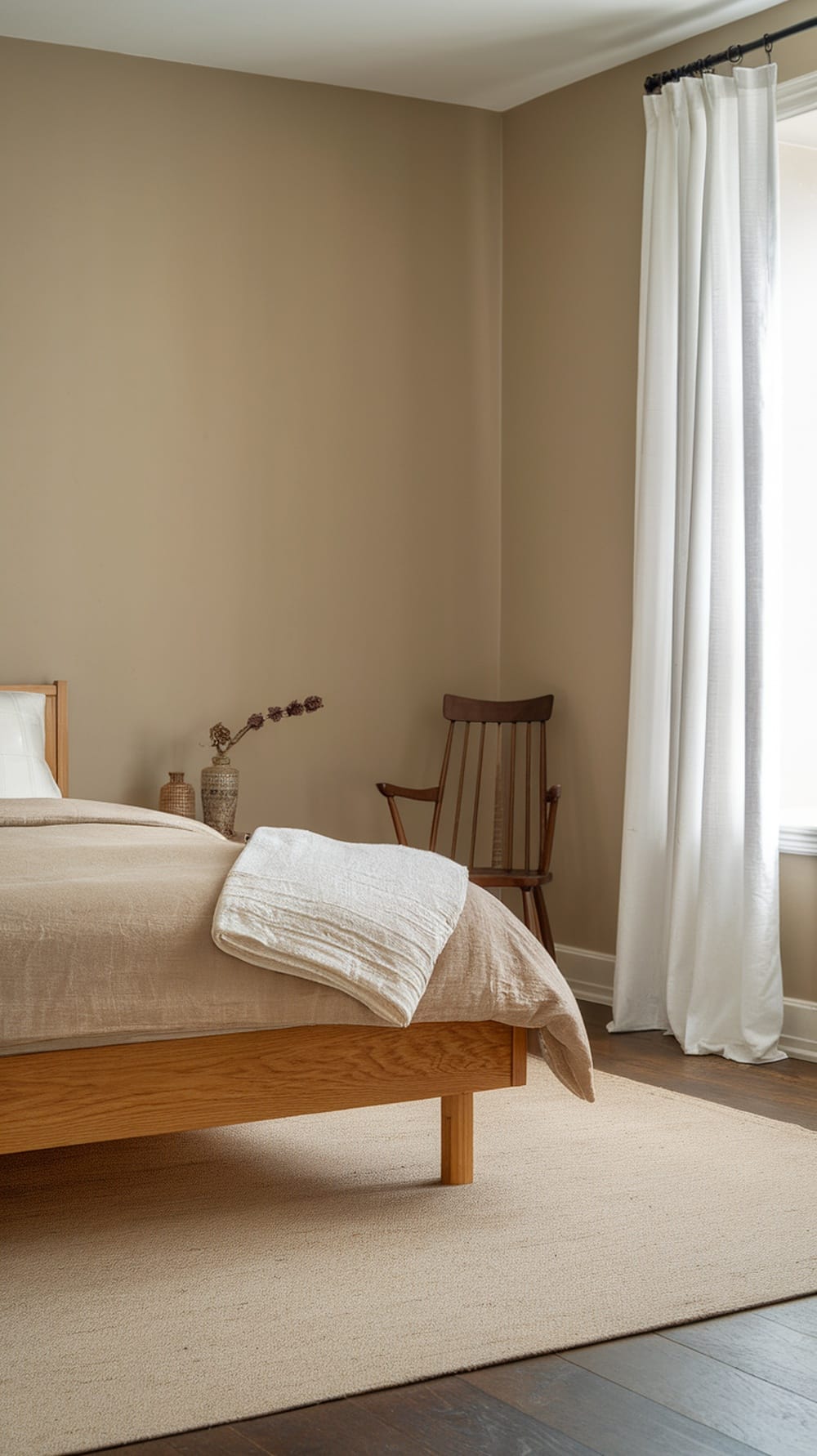 A cozy bedroom with neutral tones, a wooden bed frame, and a chair, promoting a tech-free environment.