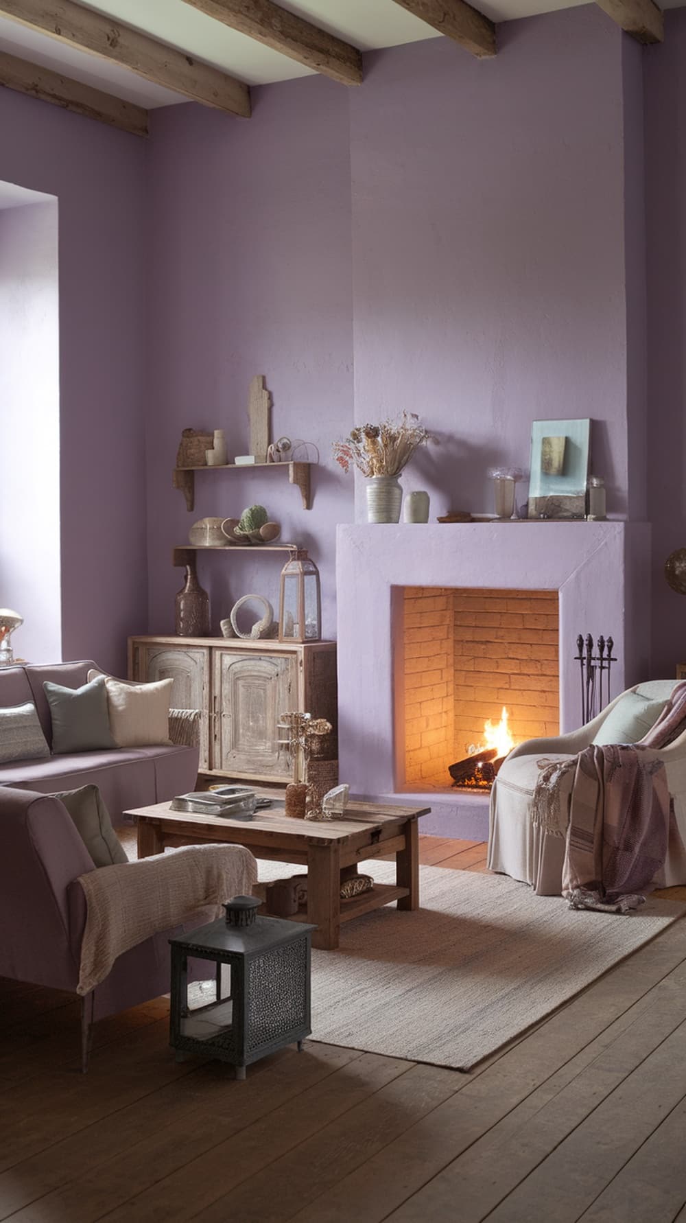 A cozy vintage lavender living room with rustic wooden beams, a fireplace, and comfortable furniture.