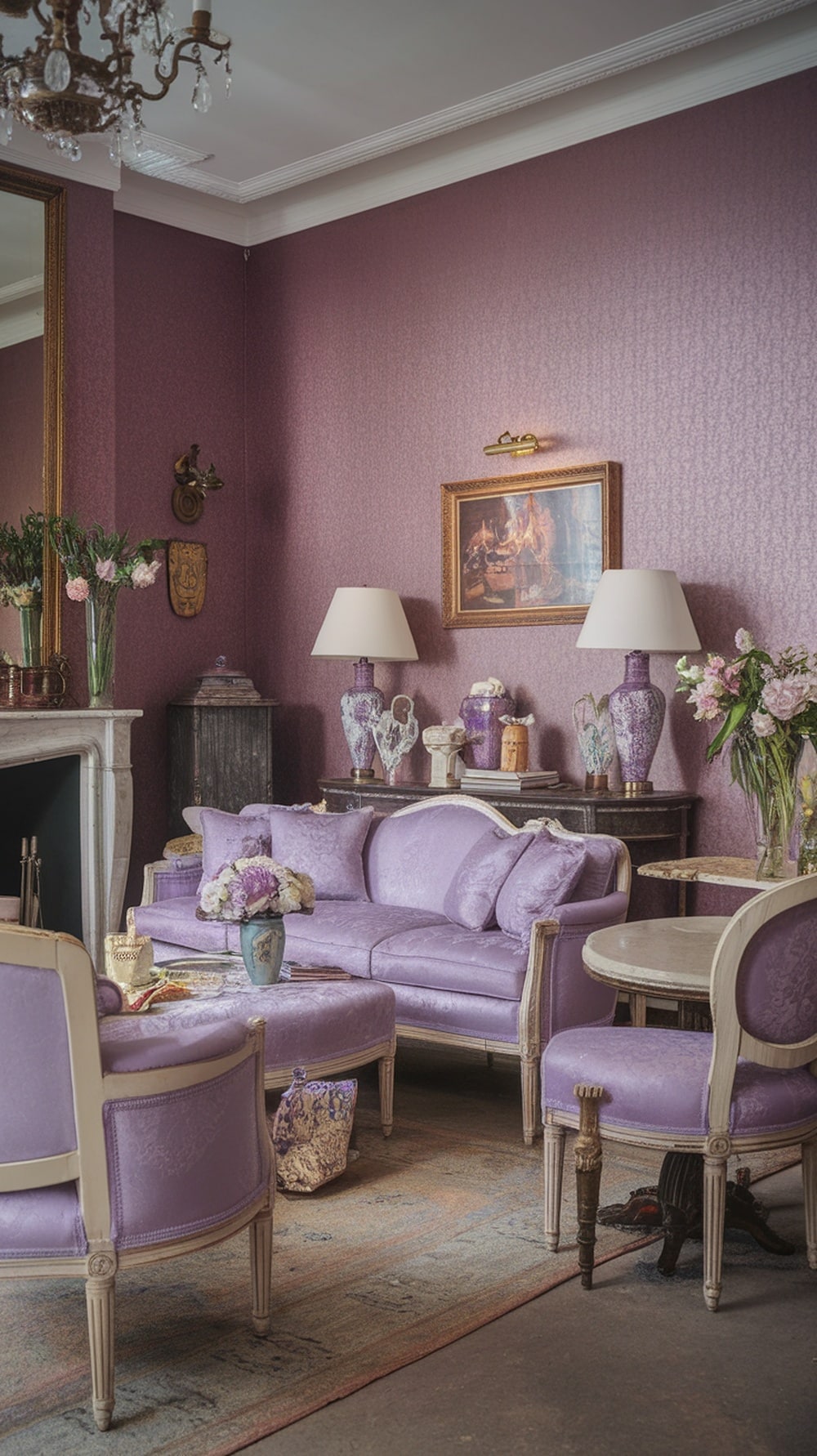 A vintage lavender living room featuring a plush sofa, elegant armchairs, floral arrangements, and classic decor.