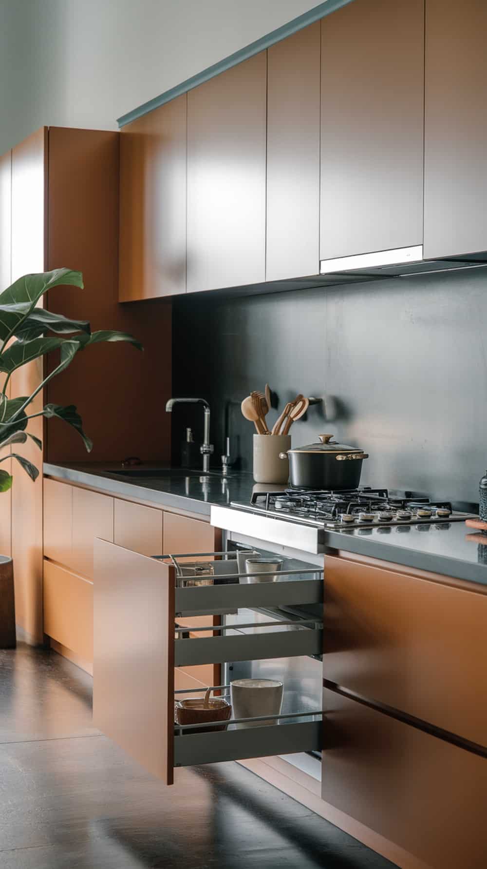 A modern kitchen featuring caramel-colored cabinets with a sleek design.