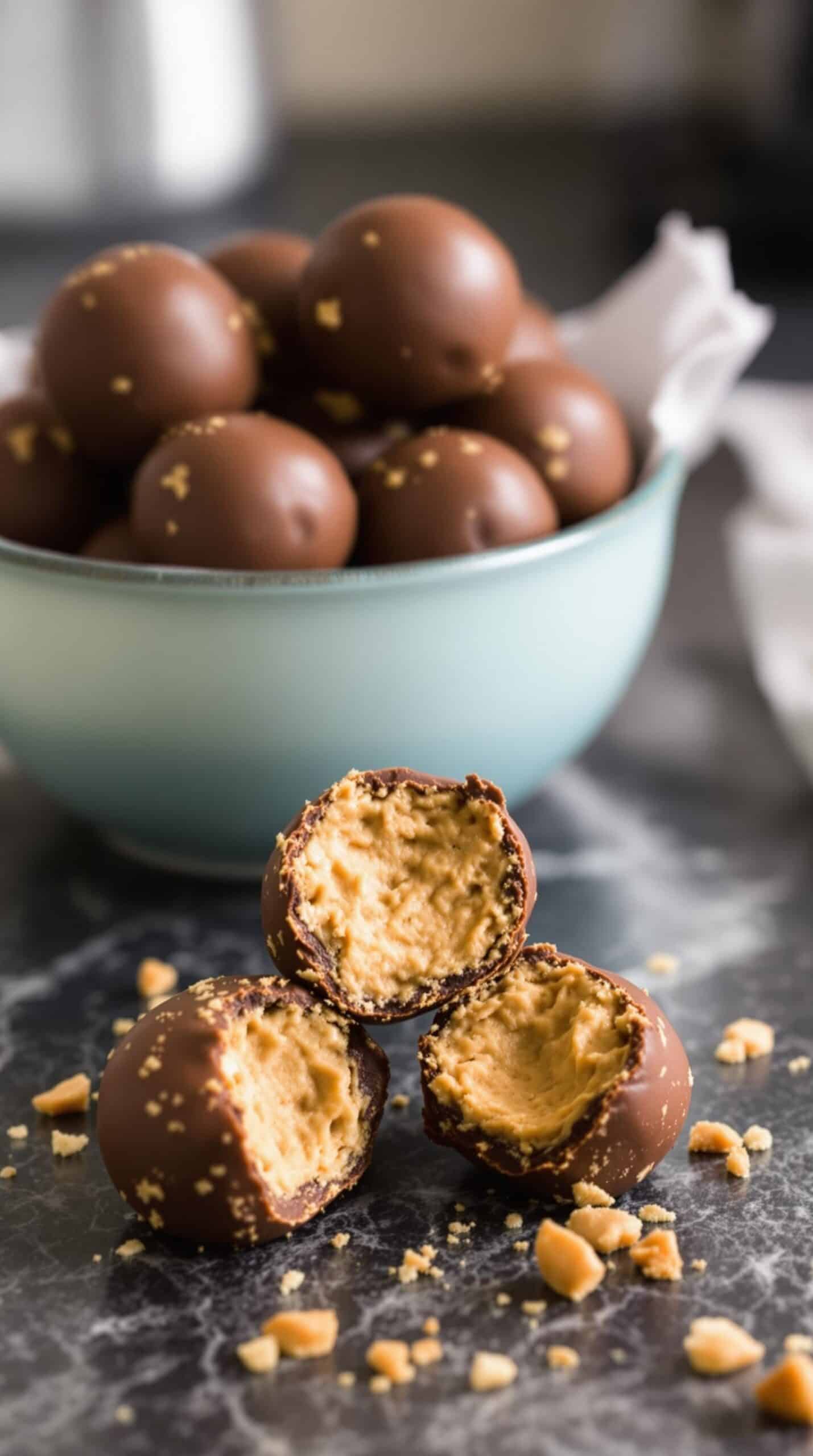 Chocolate Peanut Butter Protein Bites in a bowl with some bites broken open to show the creamy center.