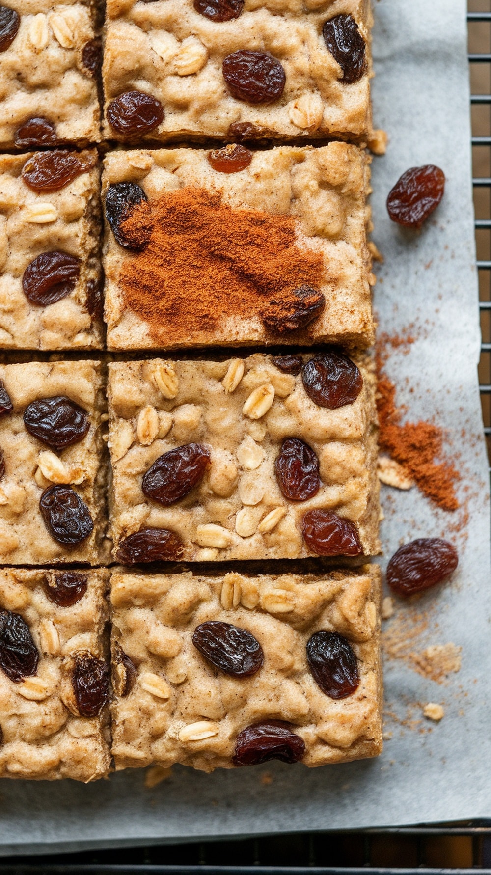 Cinnamon Raisin Oatmeal Energy Bars cut into squares with a sprinkle of cinnamon on top.