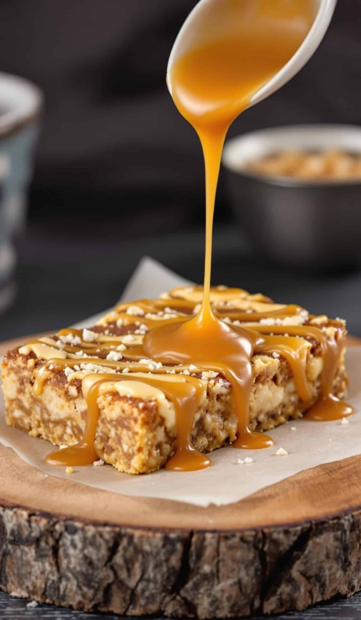 Delicious salted caramel protein bars drizzled with caramel sauce