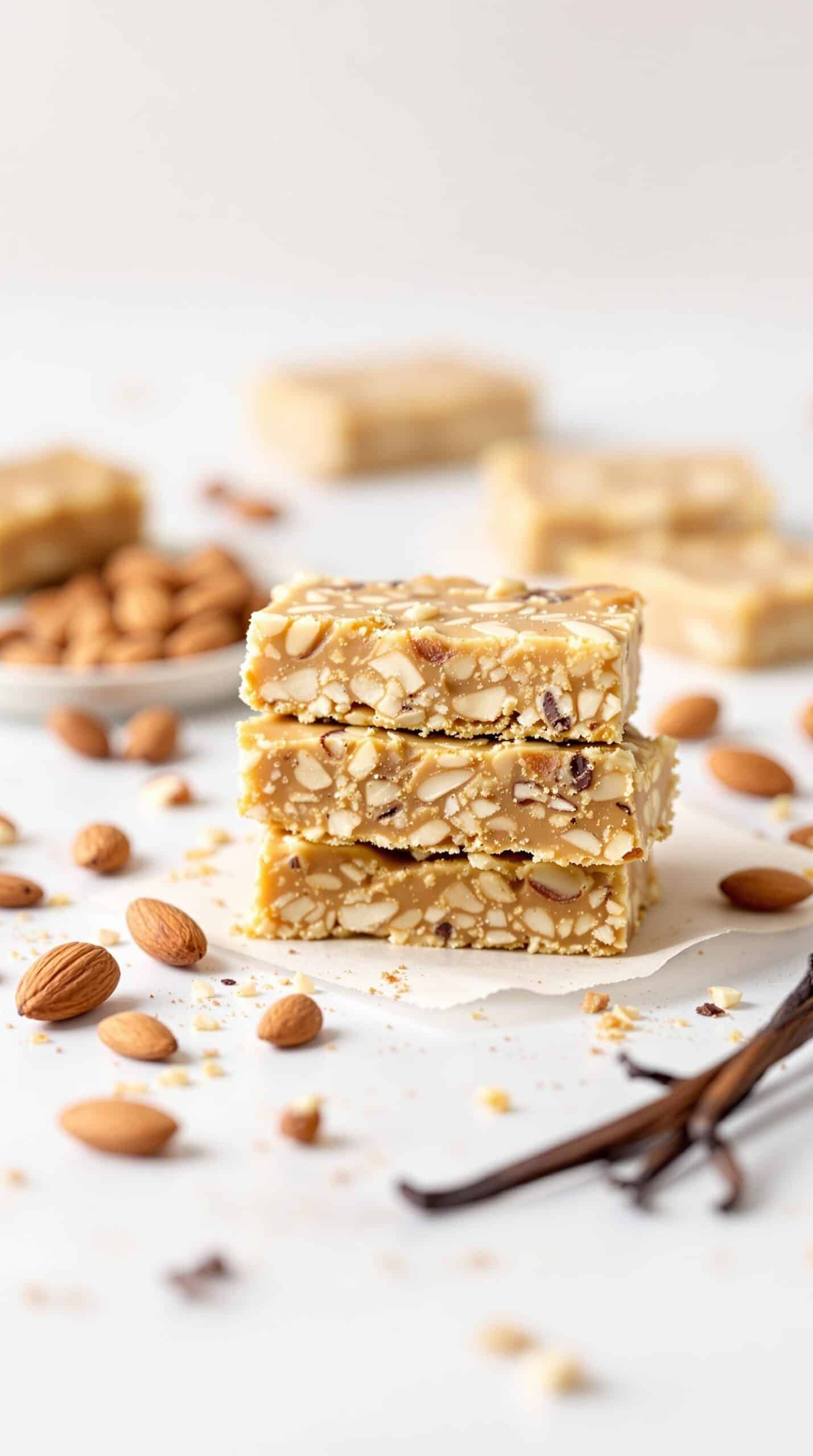 Homemade vanilla almond protein bars stacked with almonds and vanilla pods scattered around.