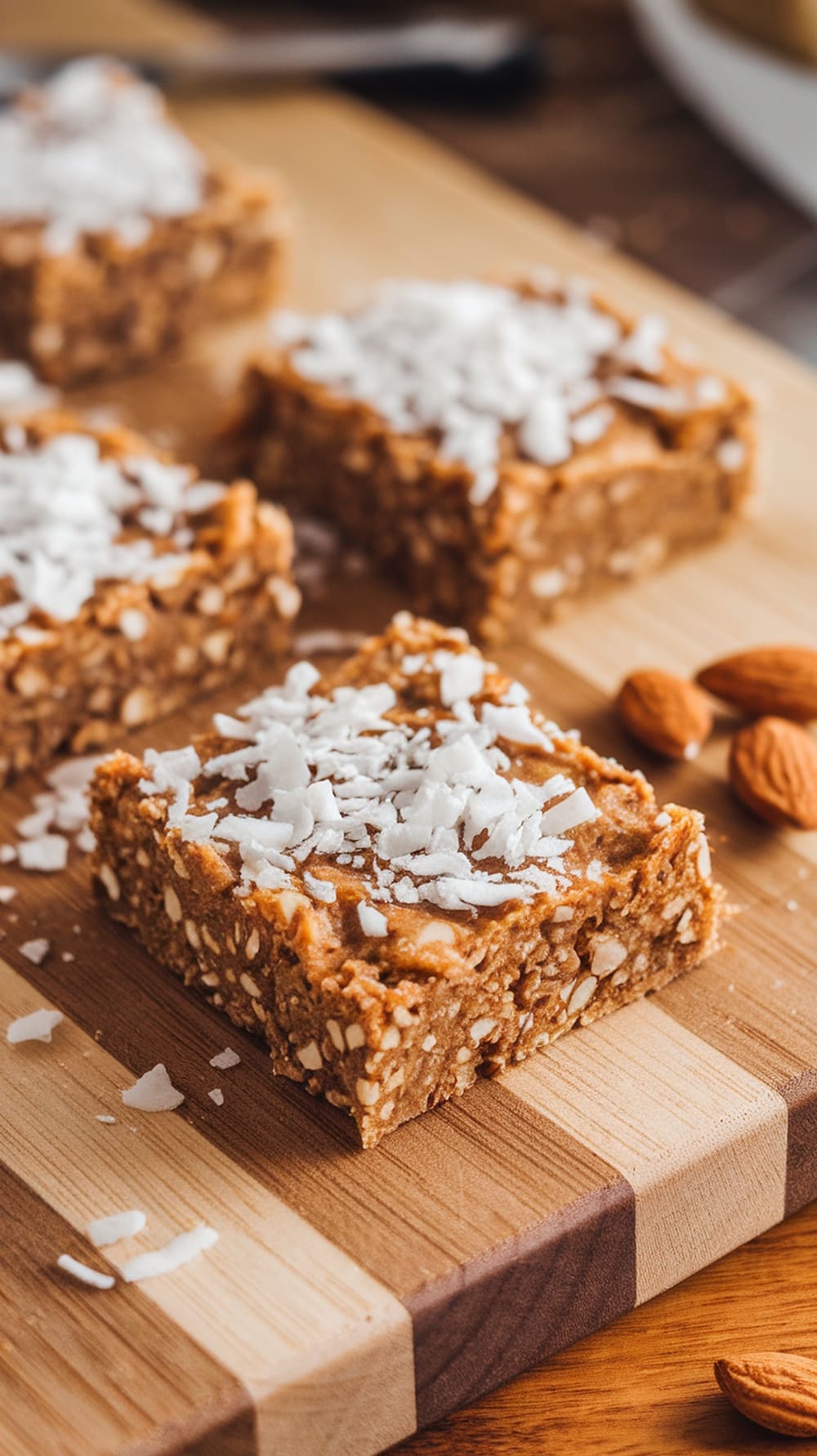 Nutrient-packed almond and coconut bars on a wooden cutting board.