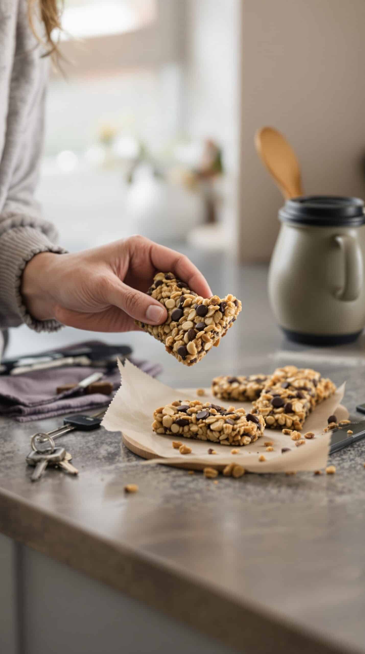A hand holding a protein granola bar with other bars on a countertop.