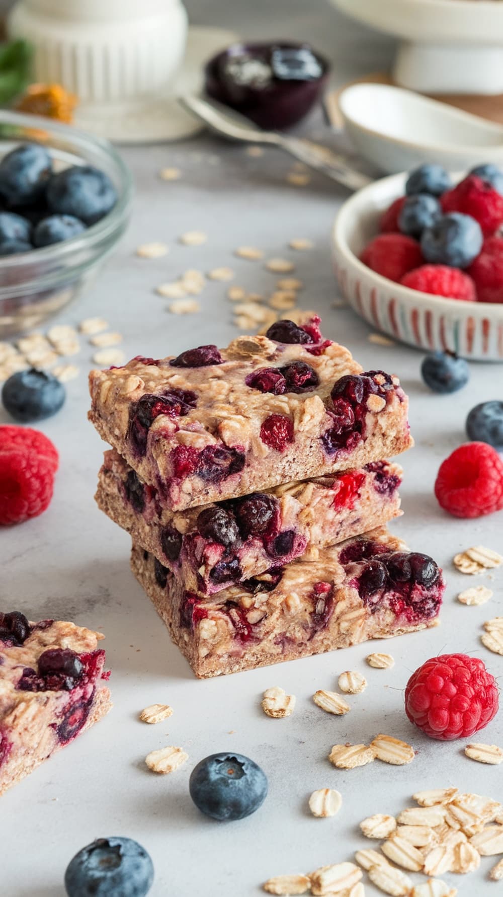 A stack of berry oatmeal protein bars with fresh blueberries and raspberries scattered around.