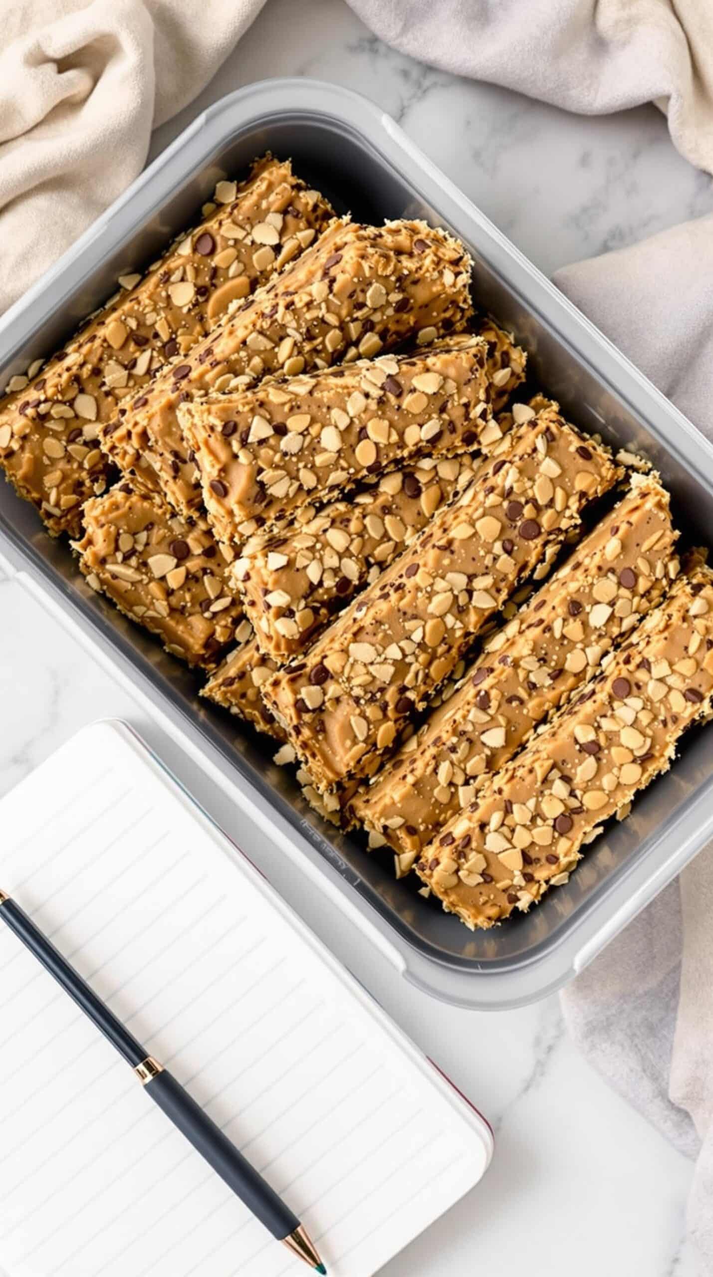 Homemade peanut butter protein bars in a container, surrounded by ingredients like nuts and peanut butter.