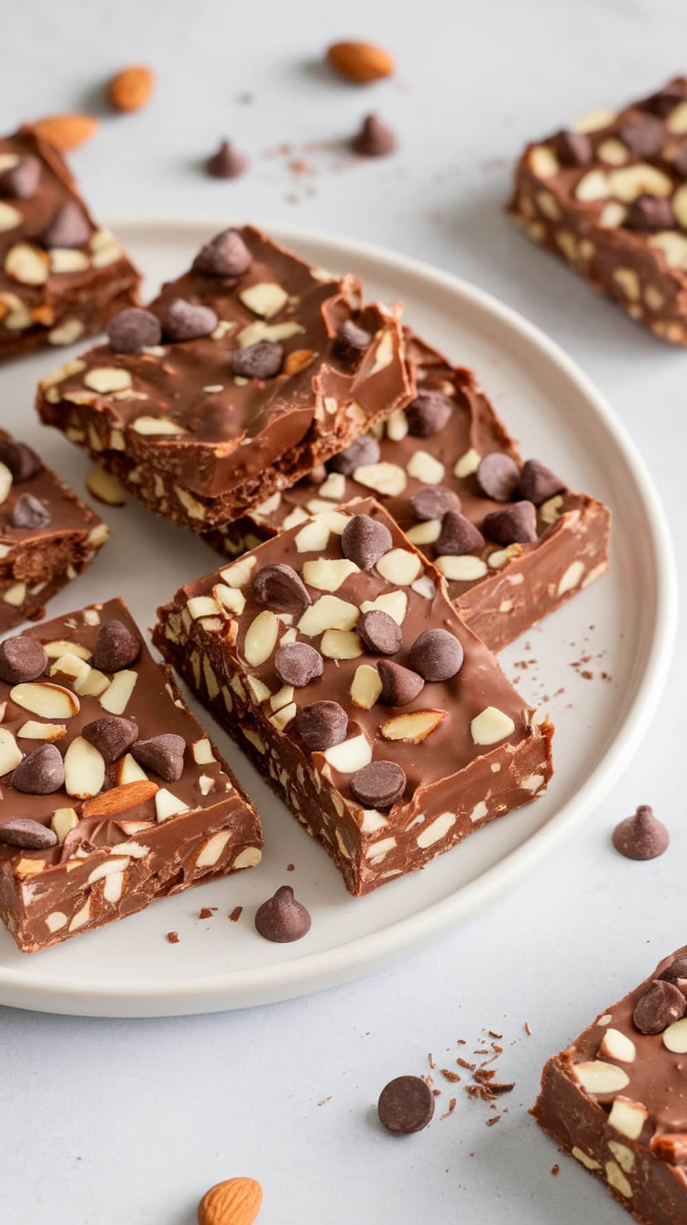 Chocolate chip almond protein bars on a plate, topped with chocolate chips and almonds.