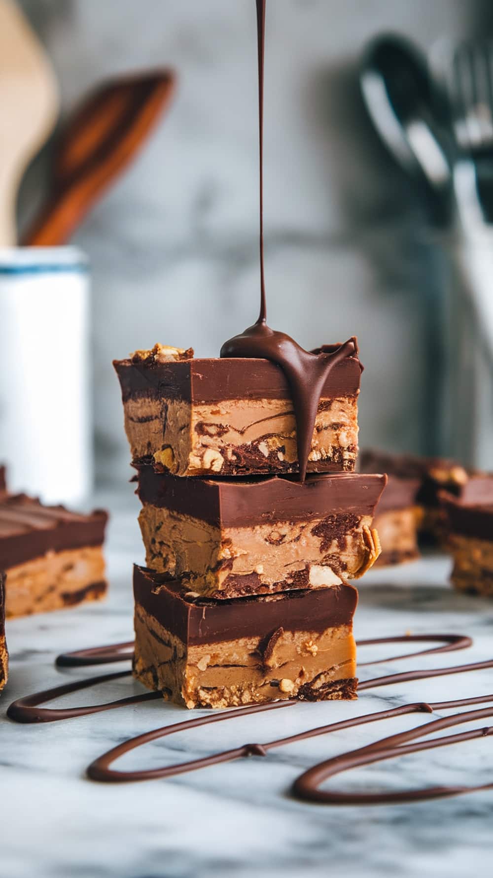 Chocolate Peanut Butter Protein Squares stacked with chocolate drizzle