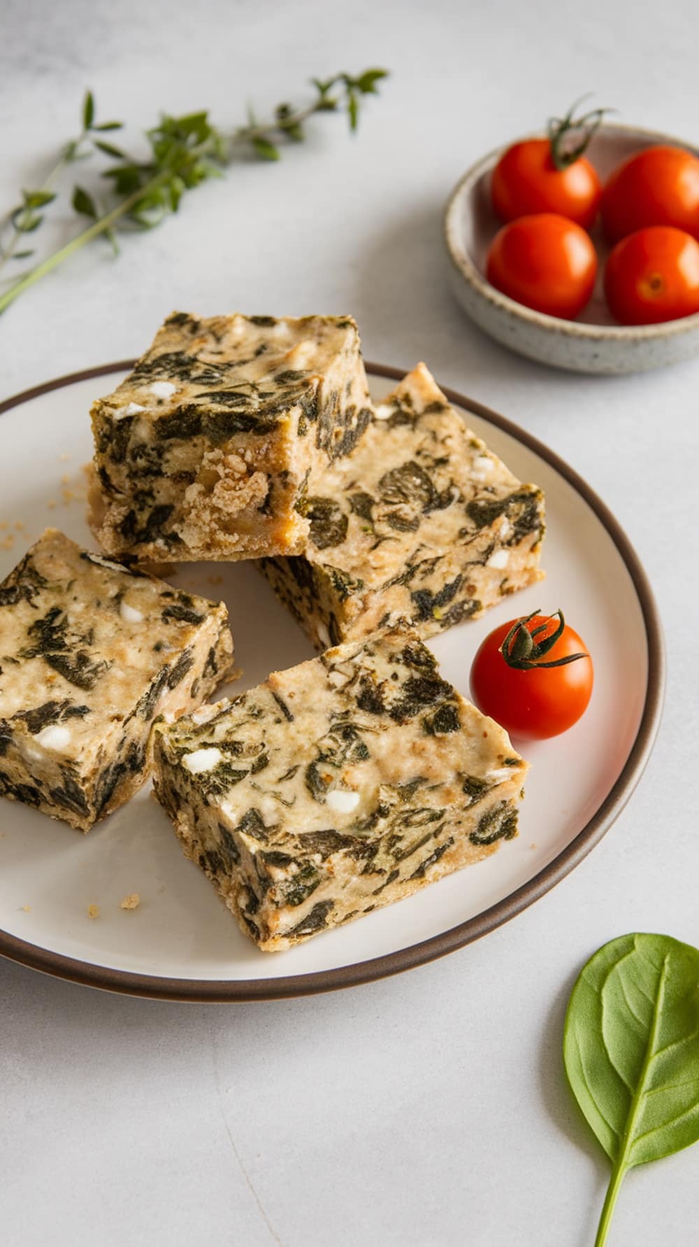 Savory spinach and feta breakfast bars on a plate with cherry tomatoes.