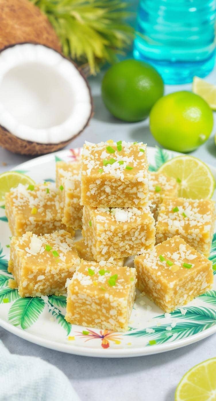Coconut Lime Protein Bars on a plate with lime and coconut in the background