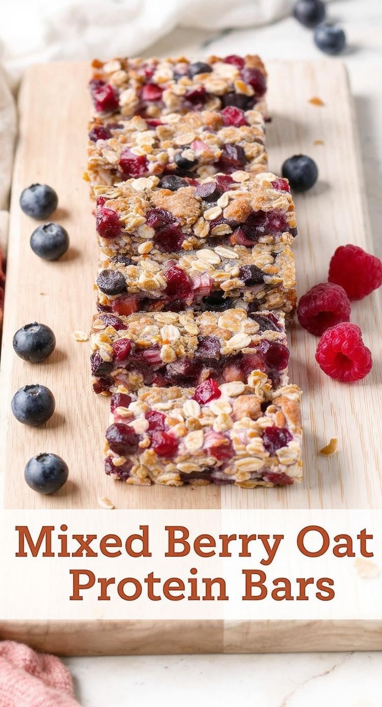 Mixed Berry Oat Protein Bars on a wooden board with fresh berries
