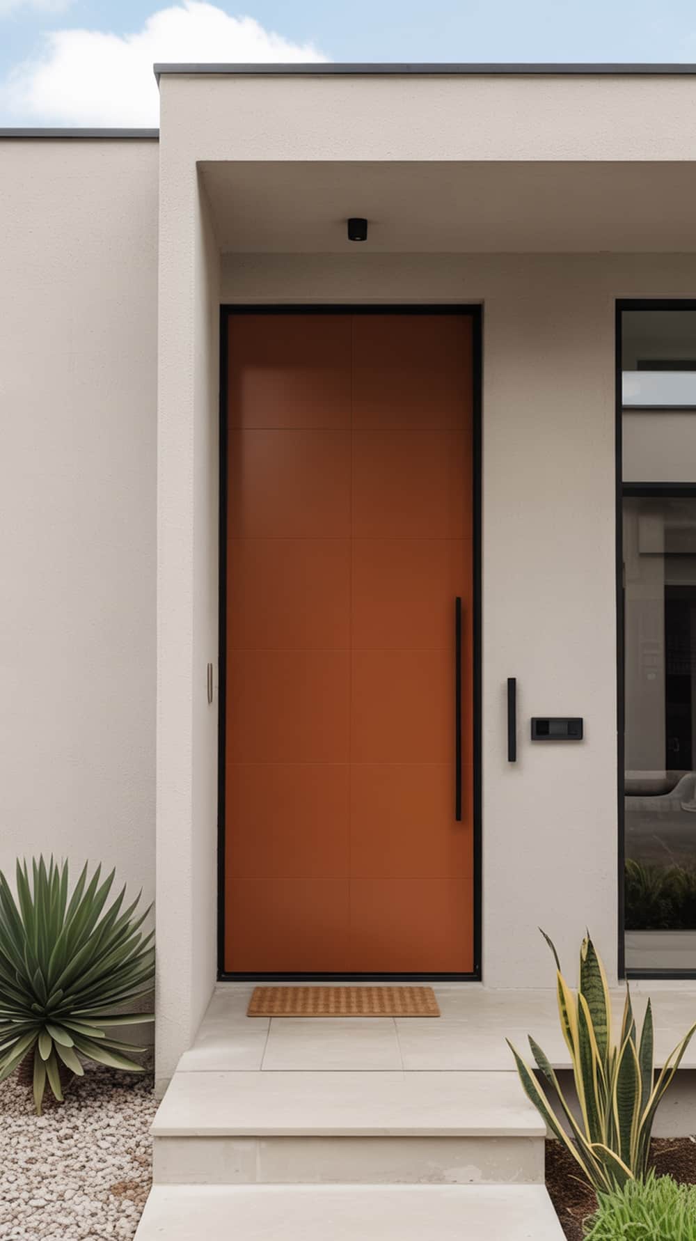 A modern home with a rust orange front door, surrounded by minimalist landscaping.