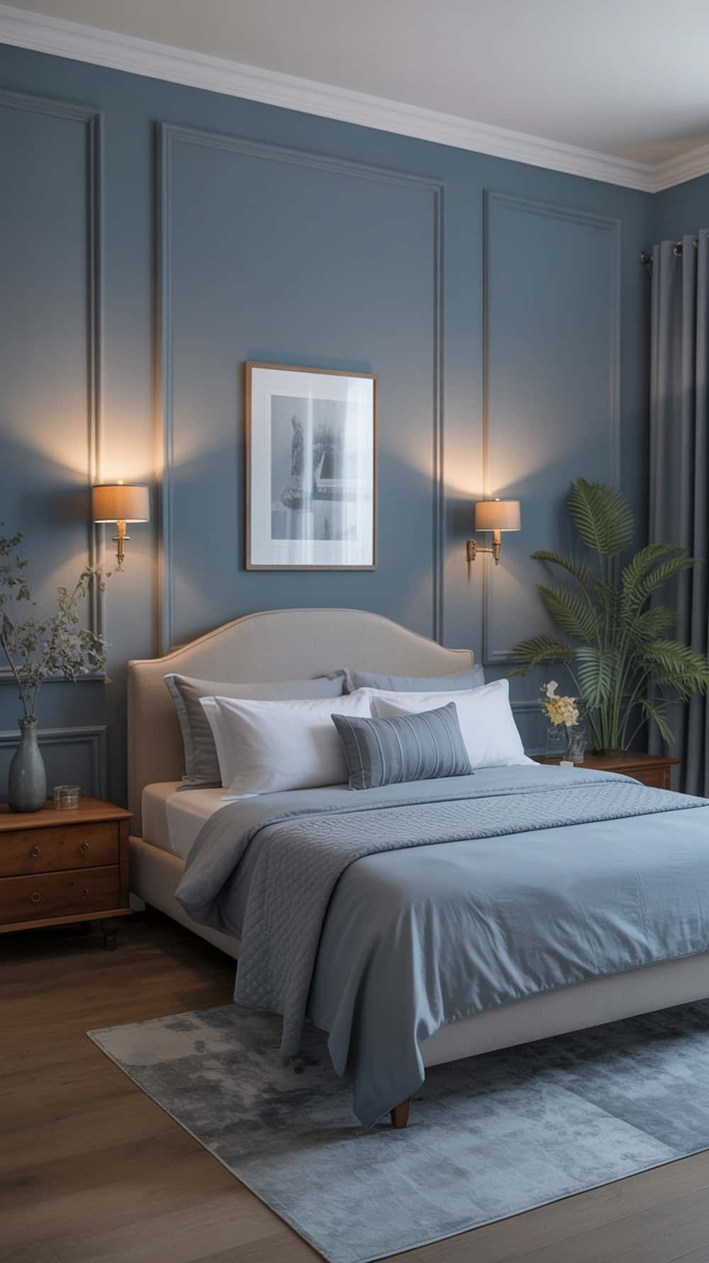 A serene bedroom featuring slate blue walls, a cozy bed with blue linens, wooden nightstands, and a potted plant.