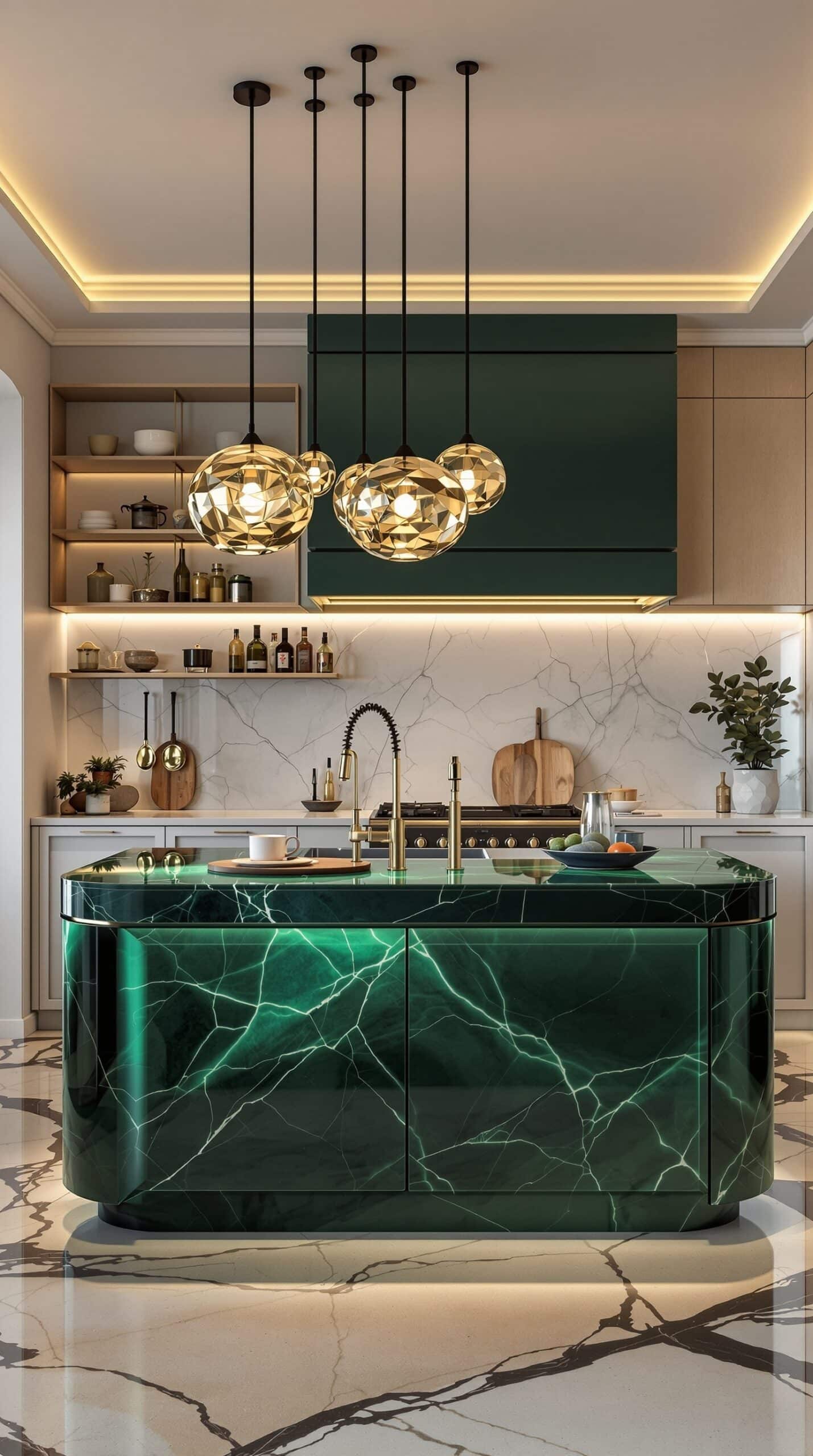 A luxury emerald green kitchen featuring statement pendant lighting fixtures above the island.