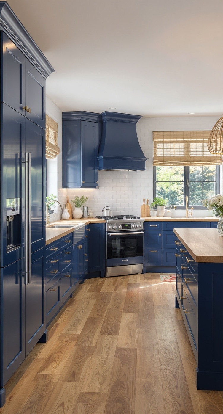 Stylish kitchen featuring indigo cabinets and natural wood accents.