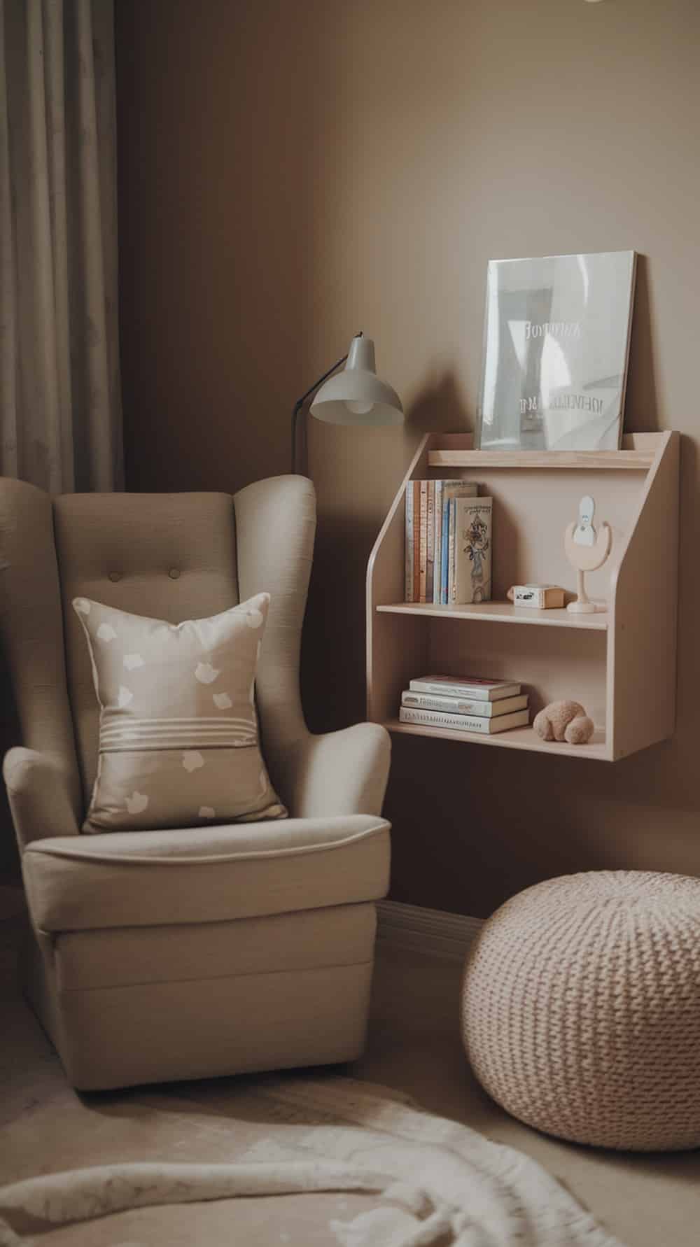 Cozy reading nook in a nursery with a taupe chair, pillow, shelf of books, and a knitted pouf.