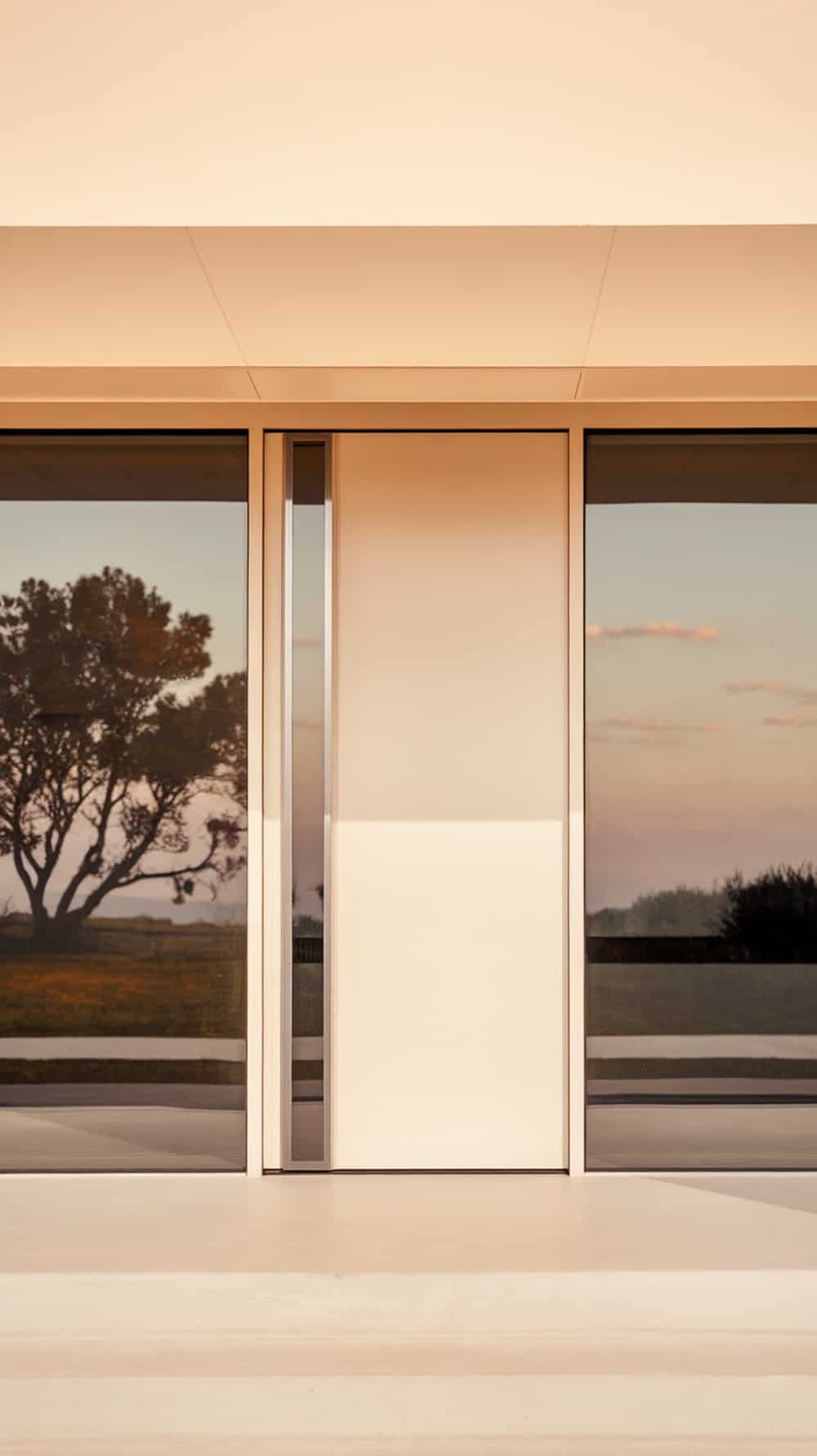 A modern cream front door with large glass panels on either side, reflecting the surrounding landscape.