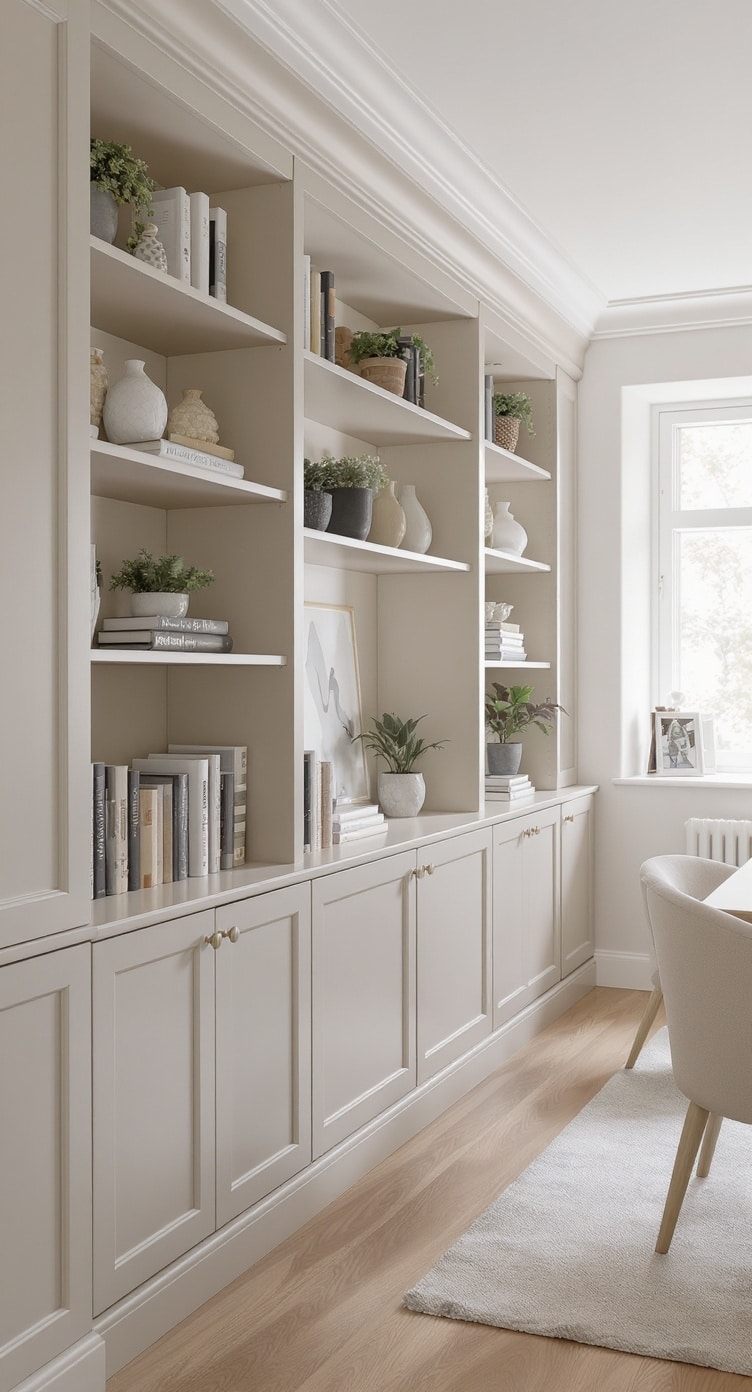 A stylish greige shelving unit with books and decorative items in a home office.